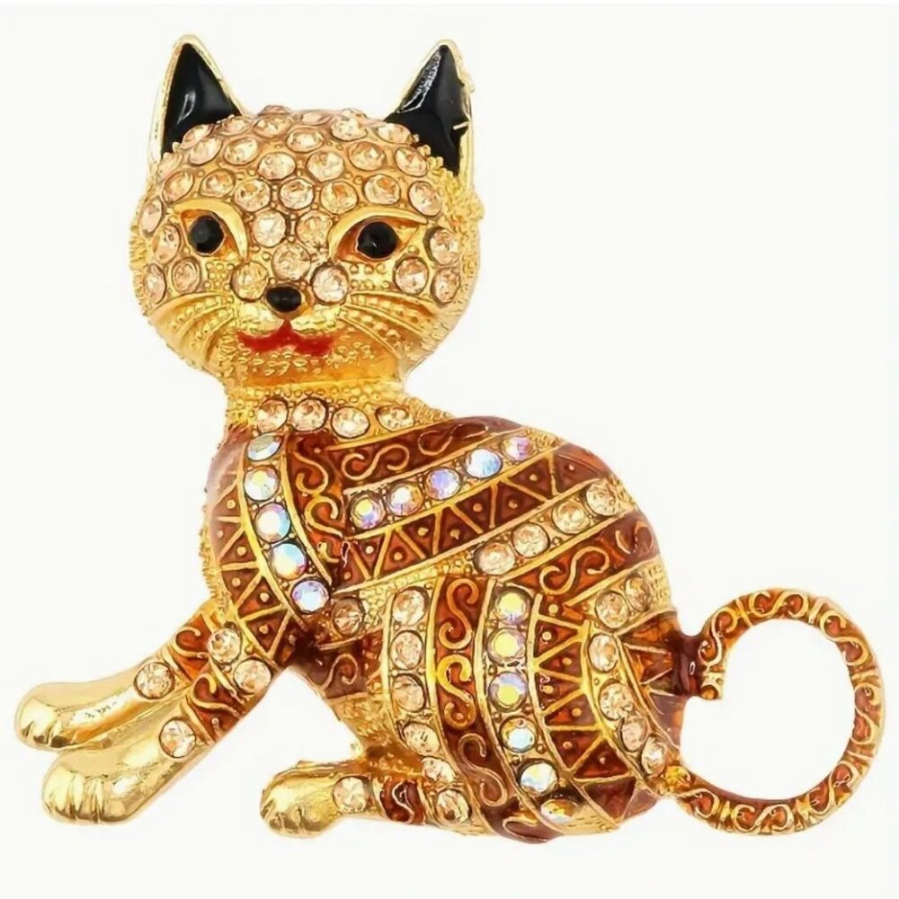 Betsey Johnson Brooch Orange & Iridescent Crystal Cat Gold Tone